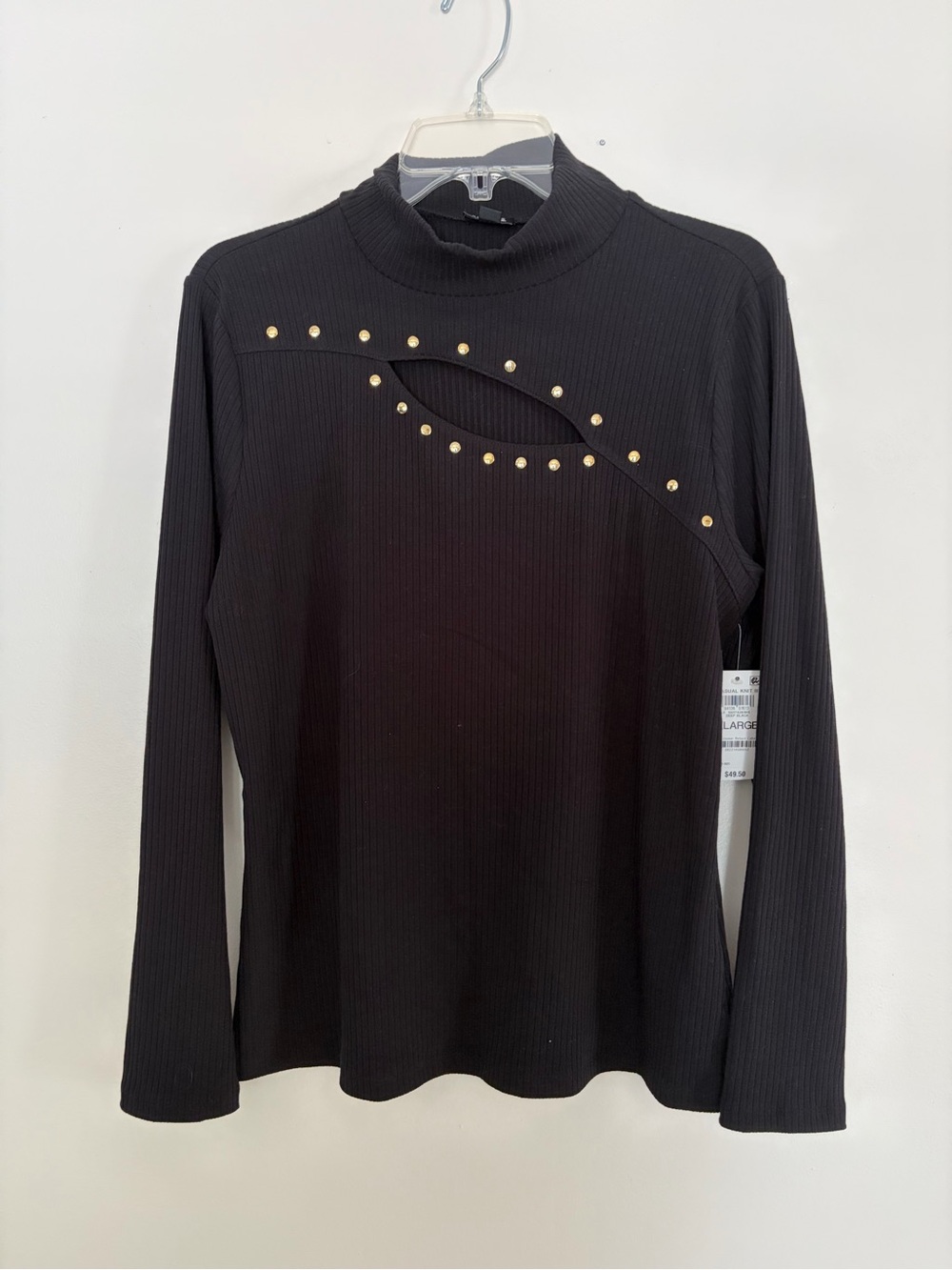 INC International Concepts Black Ribbed Long-Sleeve Top with Gold Studs